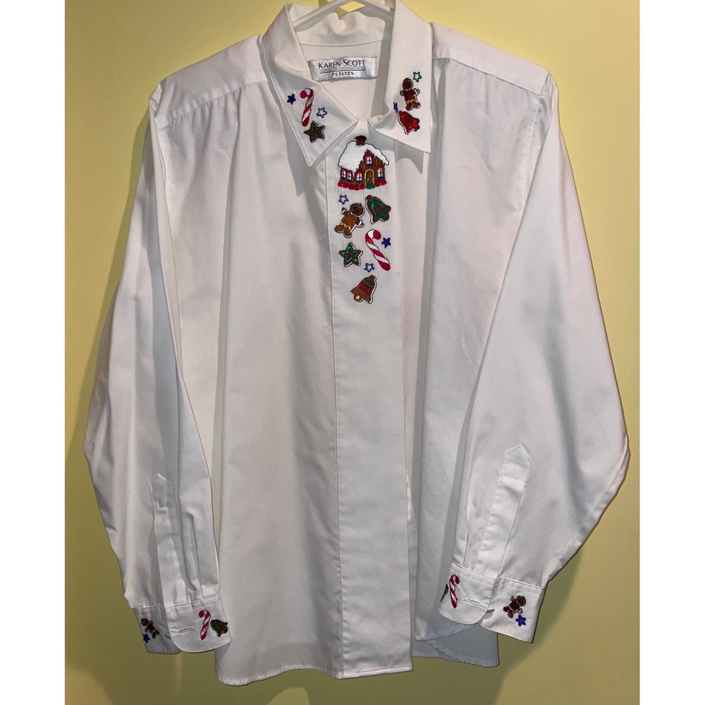 Karen Scott Petites Christmas Embroidered Button Down Shirt White Gingerbread L